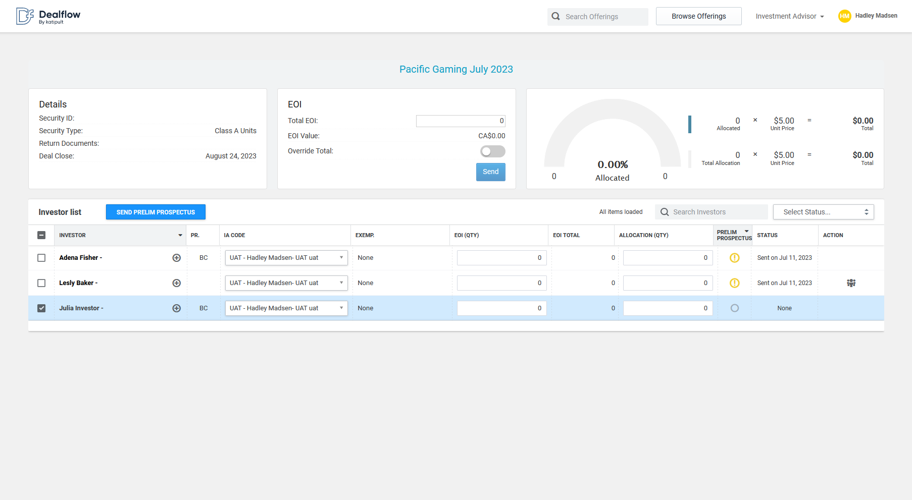 Prospectus Distribution Screen in Katipult DealFlow