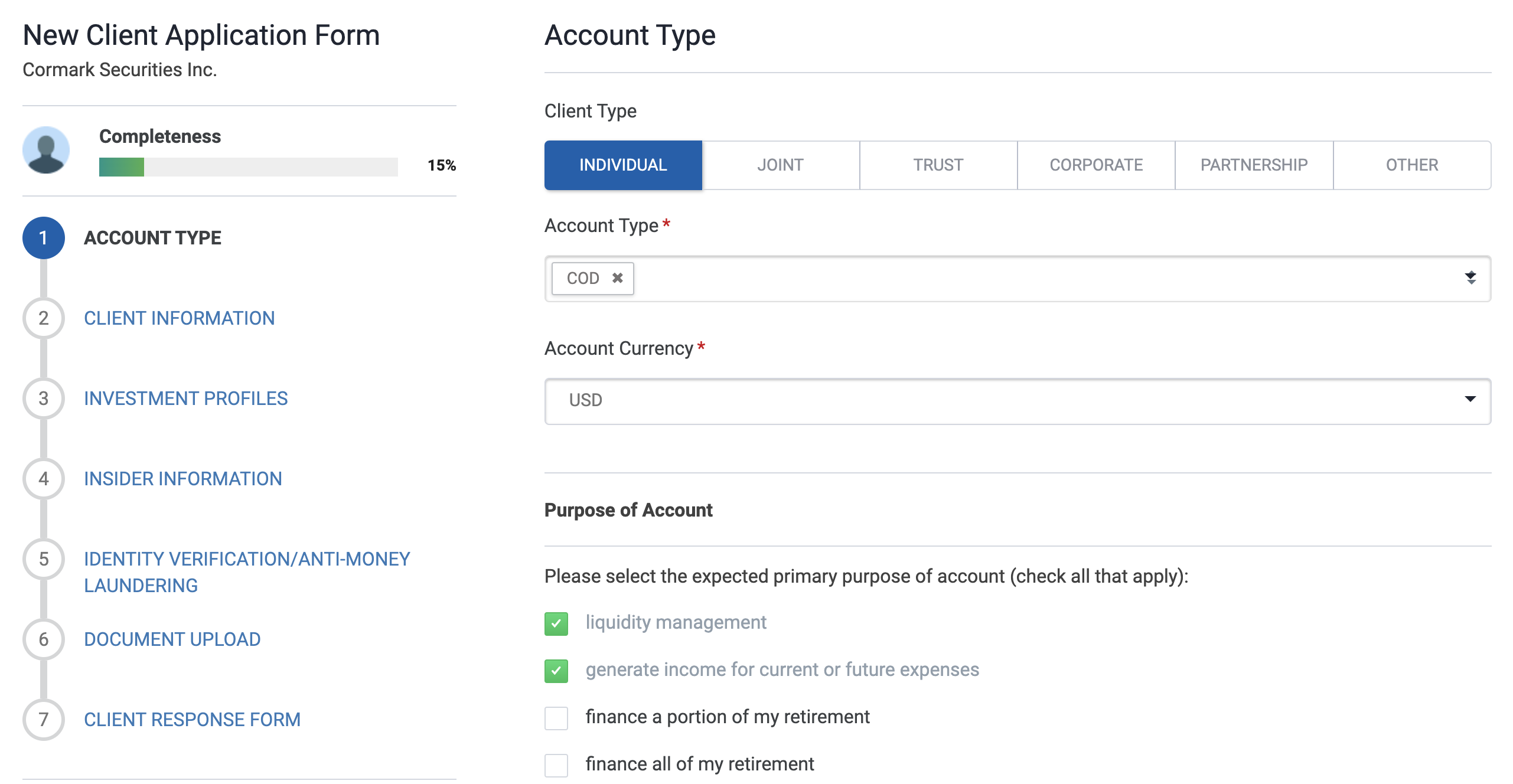 Screenshot of multiple account types