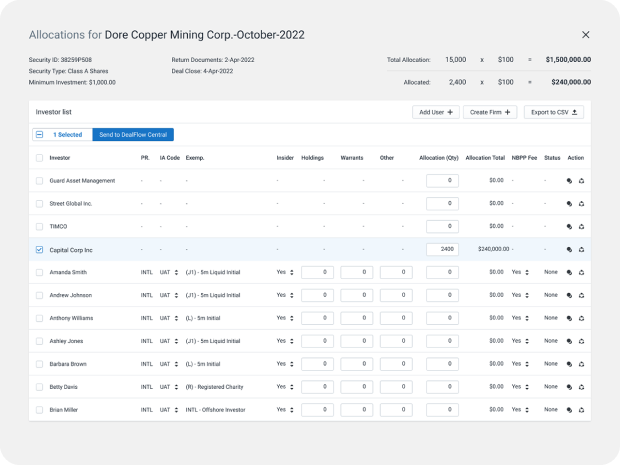 Participation screen in Katipult DealFlow